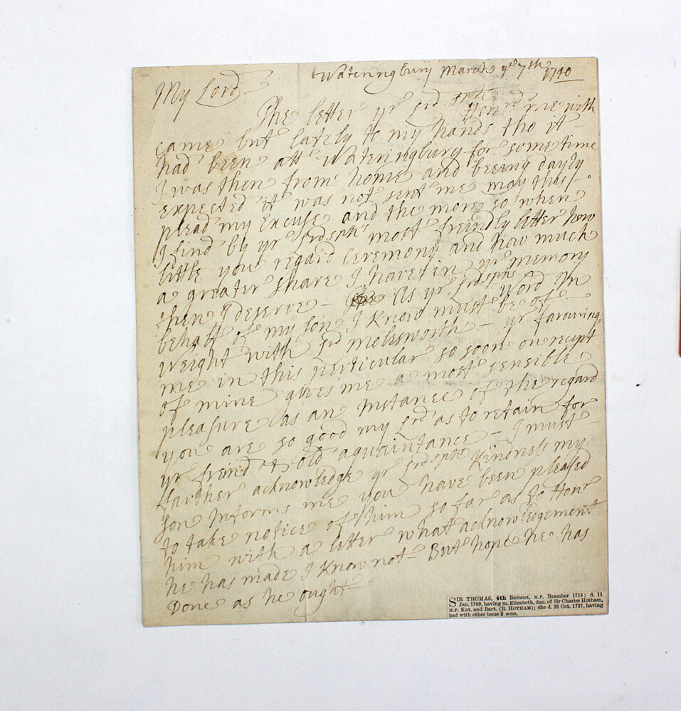 An Original Handwritten and Signed Letter By Sir Thomas Style, 4th Baronet in Relation to the Suicide of Richard Lumley, 2nd Earl of Scarborough.