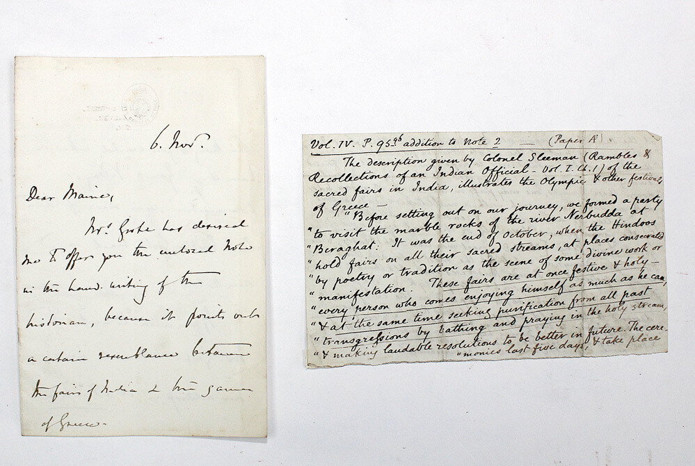 An Original Letter Handwritten to Historian Sir Henry James Sumner Maine from a Mr Reeve Including an Original Manuscript in the hand of Classical Historian George Grote