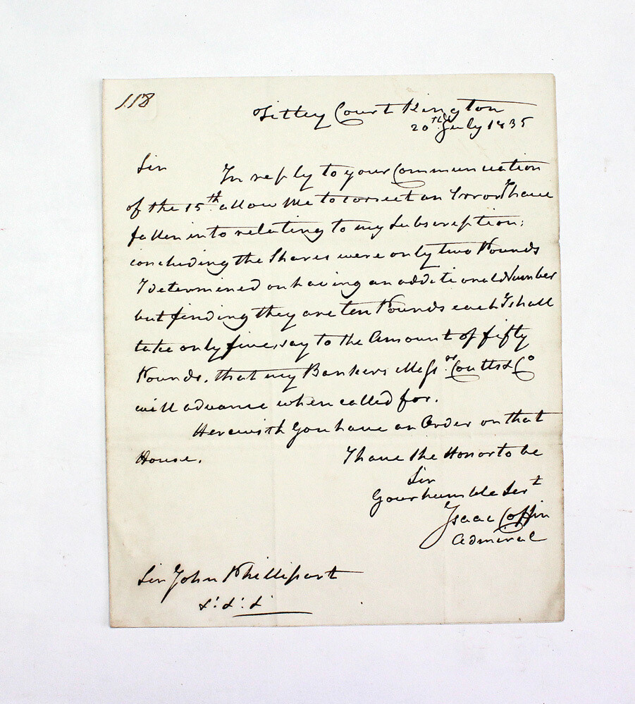 An Original Hand Written and Signed Letter by Admiral Sir Isaac Coffin