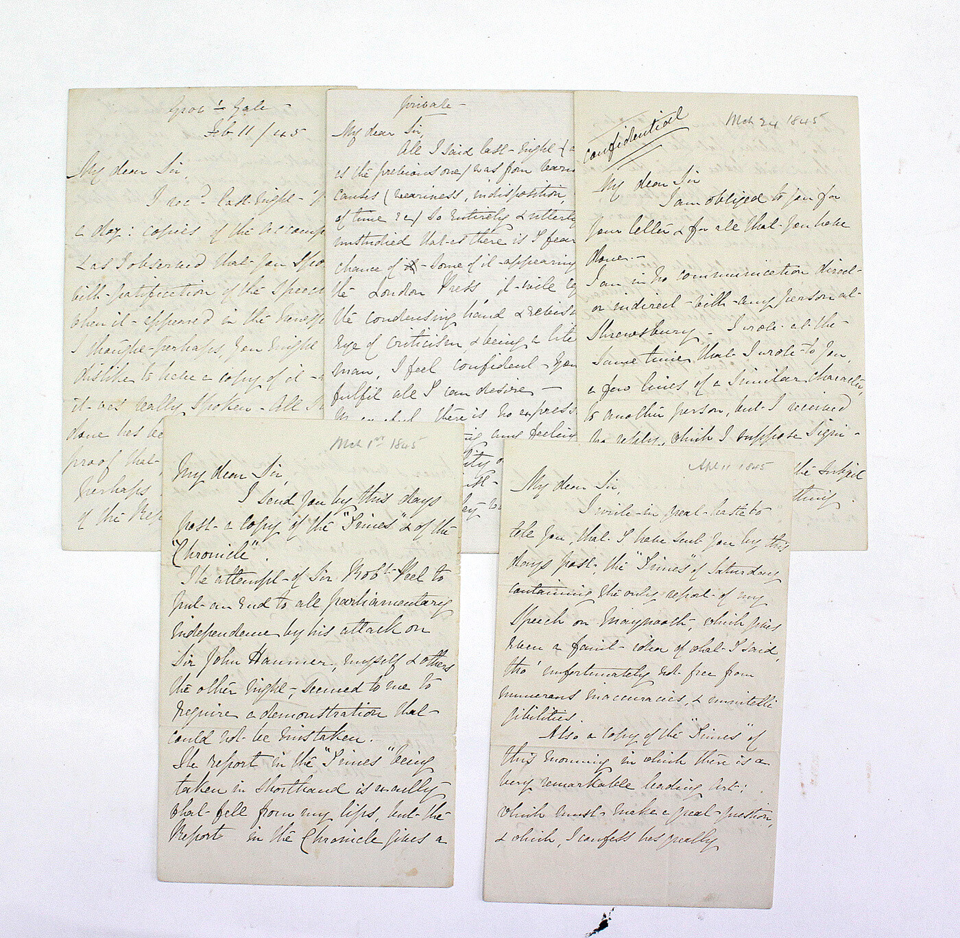 A Small Series of Six Contemporary Manuscript Secretarial Copies of Interesting Letters Originally Authored by Benjamin Disraeli, Circa 1844-1845.  These letters may have been copied for Disraeli.