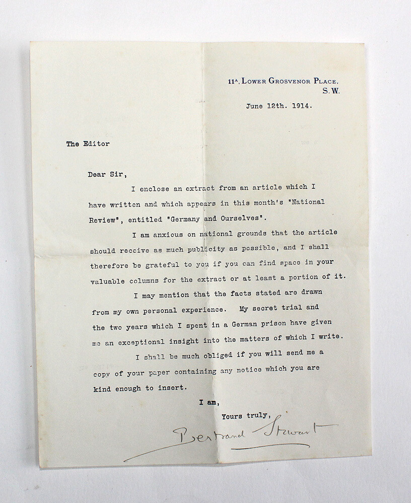 An Original Typed and Signed Letter By British Spy and Officer Bertrand Stewart to the National Review editor Leopold Maxse. A   letter in reference to his years spying for the British in Germany.