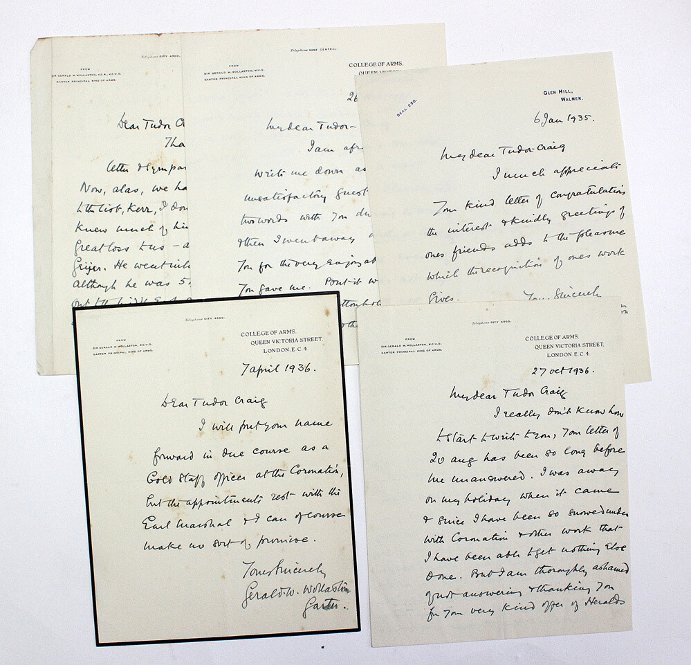 Five Original &#39;College of Arms&#39;  Handwritten and Signed Letters by Sir Gerald Woods Wollaston to Major Sir Algernon Tudor Craig