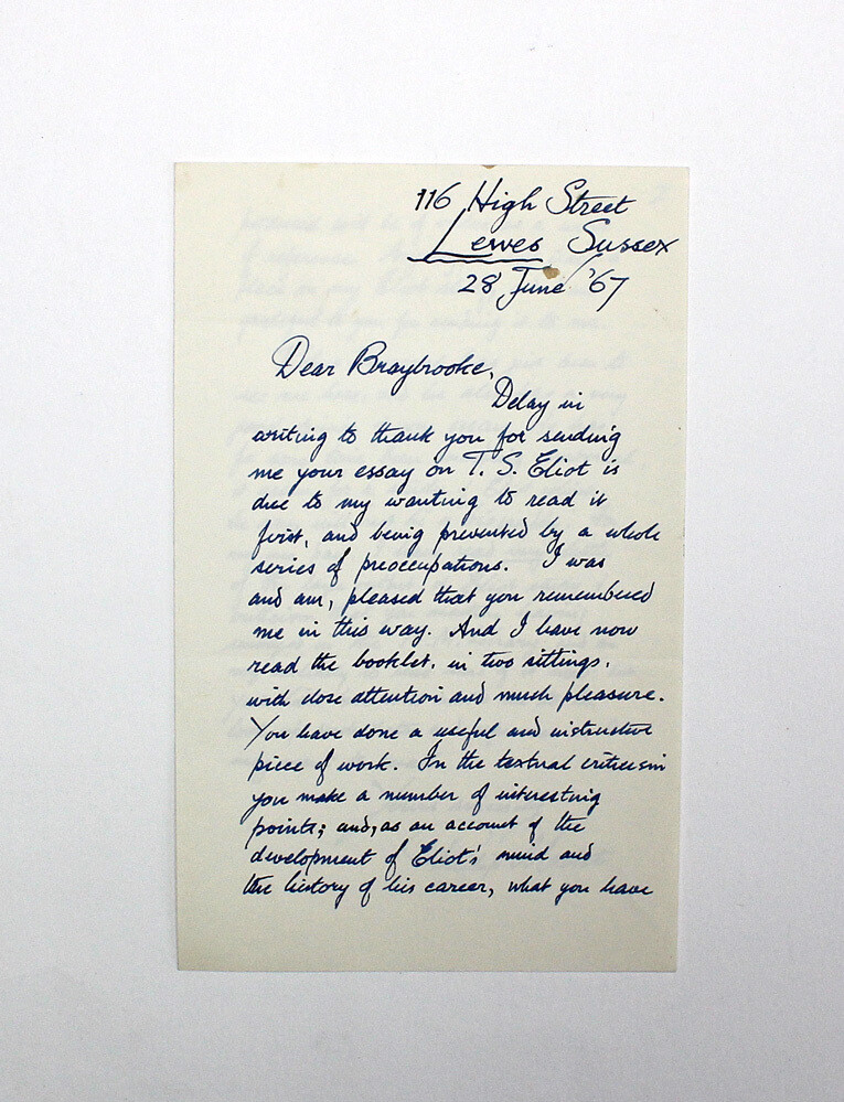 An Original Handwritten and Signed Letter Discussing T S Eliot by Writer/Designer Philip Mairet to Writer Neville Braybrooke