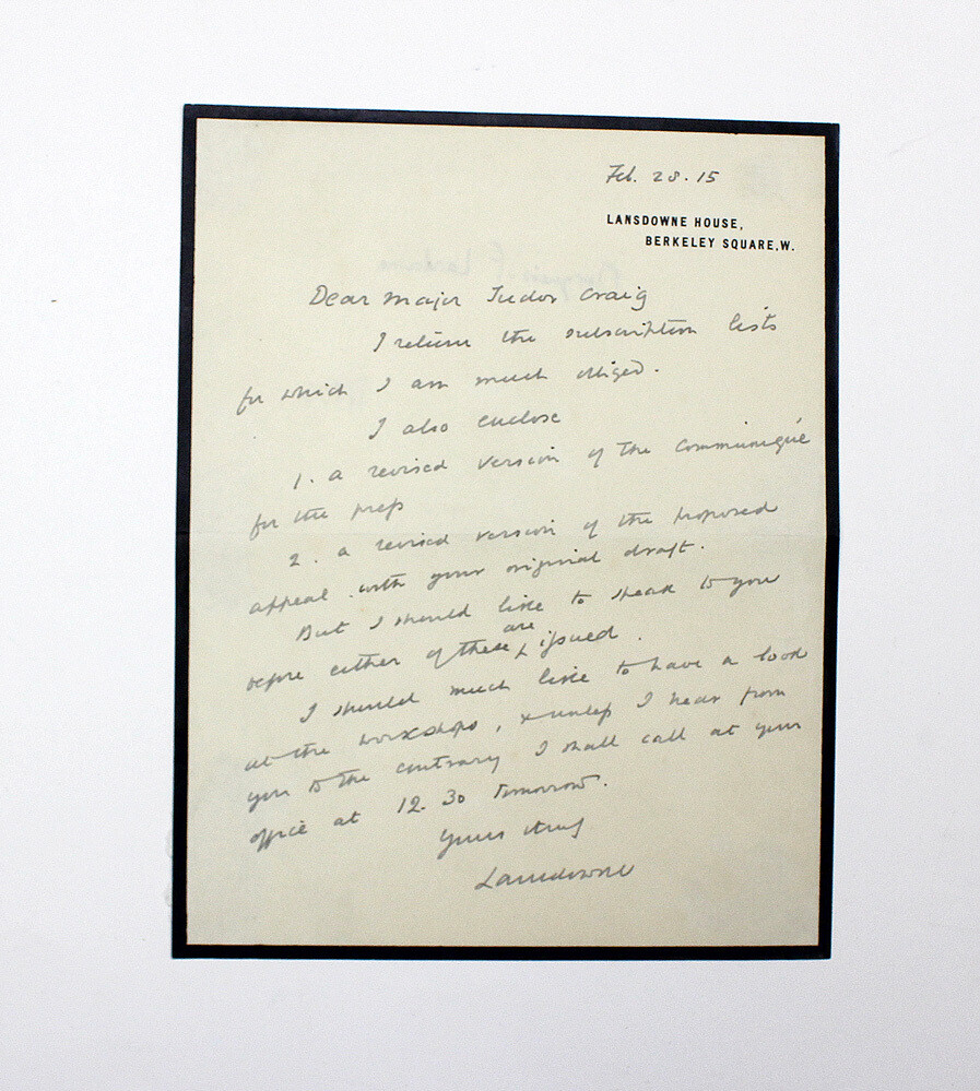 An Original Handwritten and Signed Letter by  Lieutenant-Colonel Henry Charles Petty-Fitzmaurice, 5th Marquess of Lansdowne to Major Tudor Craig. A British statesman who served successively as Governo