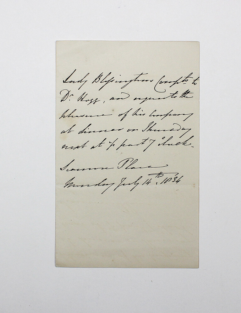 An Original Third Person Hand Written Letter and Signed by Irish Writer  Marguerite Gardiner, Countess of Blessington to Dr Hogg