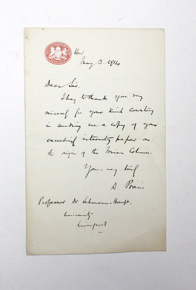 An Original Kew Garden Handwritten Signed Letter from Sir David Prain to German historian, Carl Lehmann-Haupt.