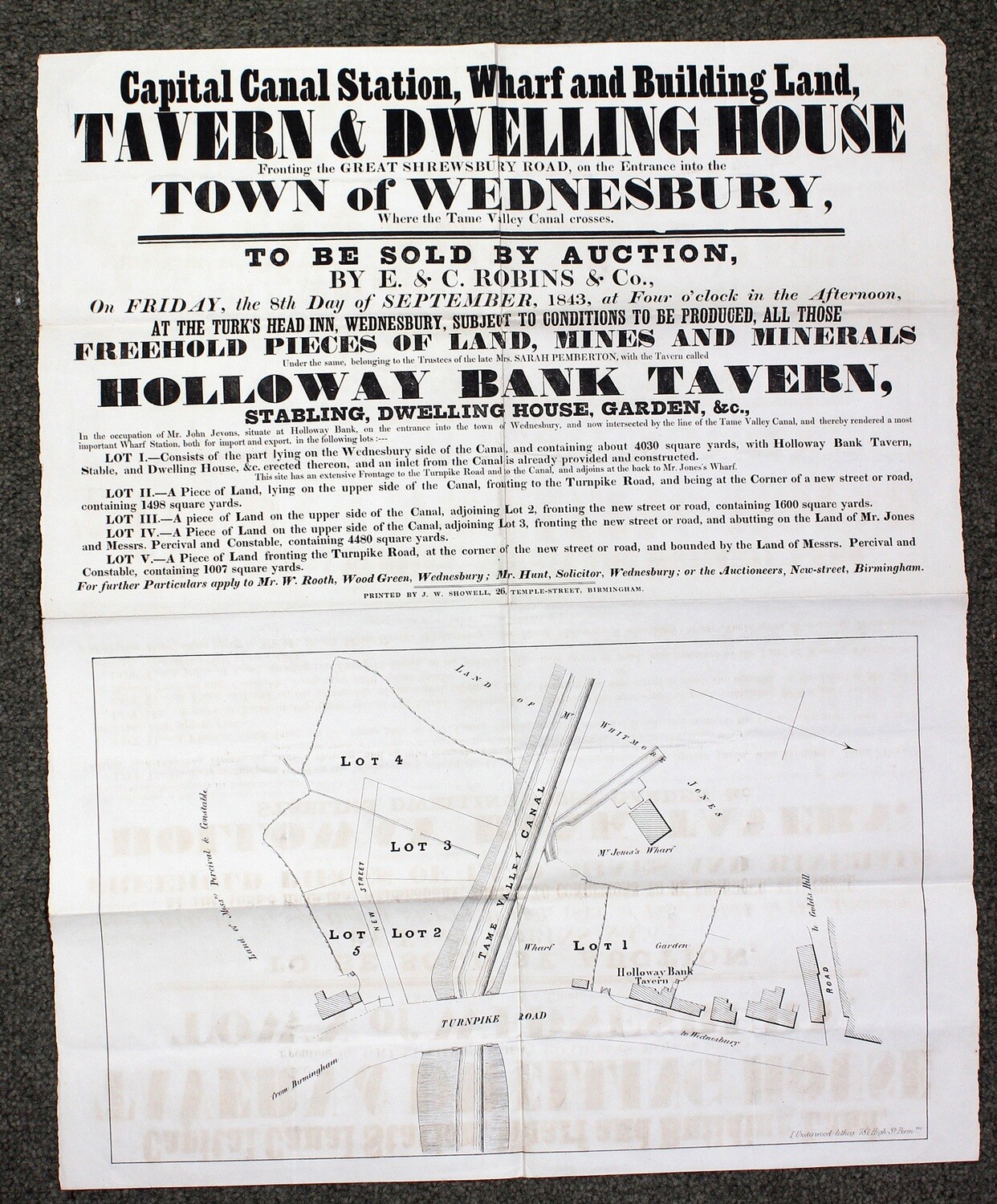 An Original Victorian Sale Poster Dated 1843. Capital Canal Station, Wharf and Building Land, Tavern and Dwelling House Fronting Great Shrewsbury Road on the Entrance Into the Town of Wednesbury