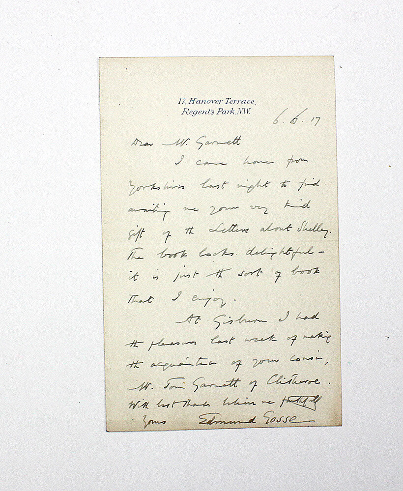 An Original Handwritten and Signed Letter by Sir Edmund Gosse to W Garrett Discussing the Poet Shelley.