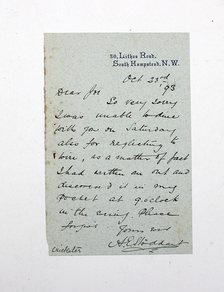 A Rare Original Hand Written and Signed Letter by Cricketer by A Rare Original Hand Written and Signed Letter by Cricketer by Andrew Ernest Stoddart.