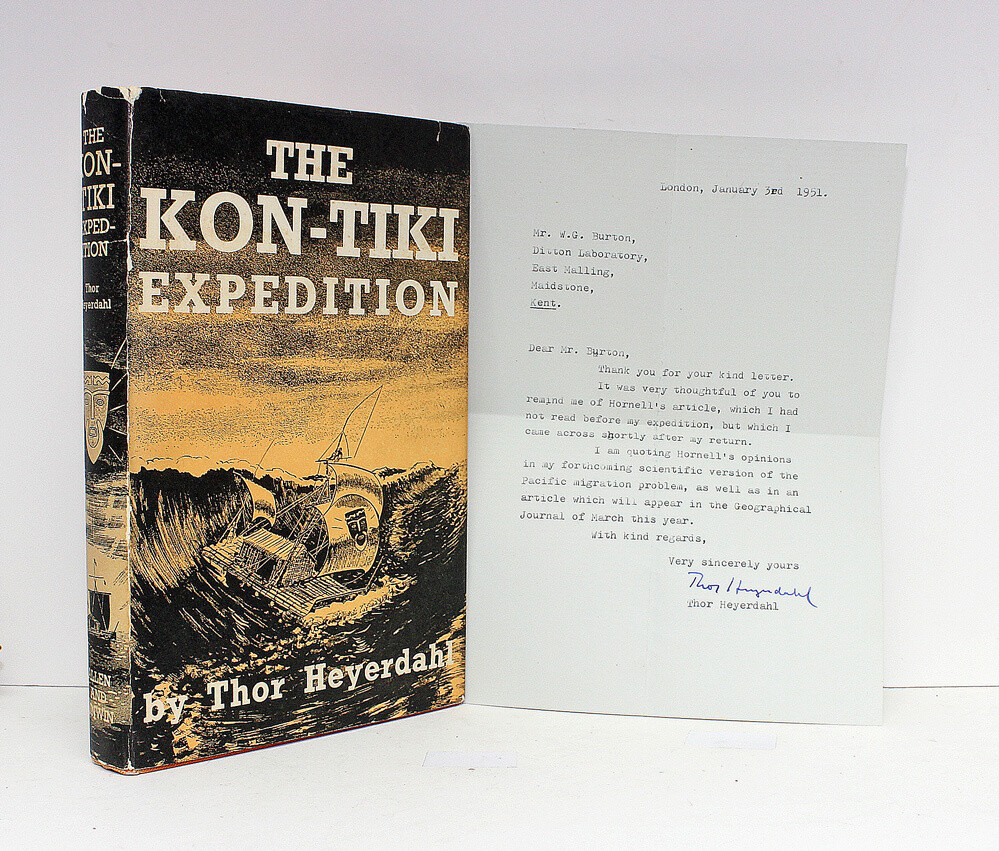 The Kon-Tiki Expedition: by Raft Across the South Seas.  Includes a signed typed letter from the author. The letter mentions Hornells Expedition. - Thor Heyerdahl SIGNED