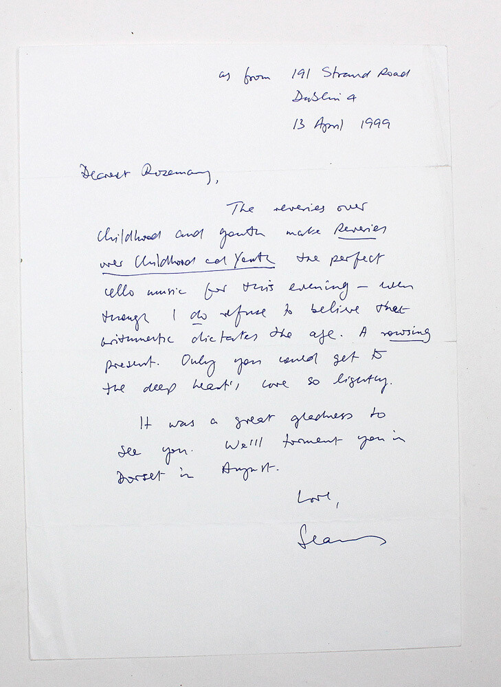 An Original Hand Written and Signed Letter by Poet Seamus Heaney to Faber Director Rosemary Goad