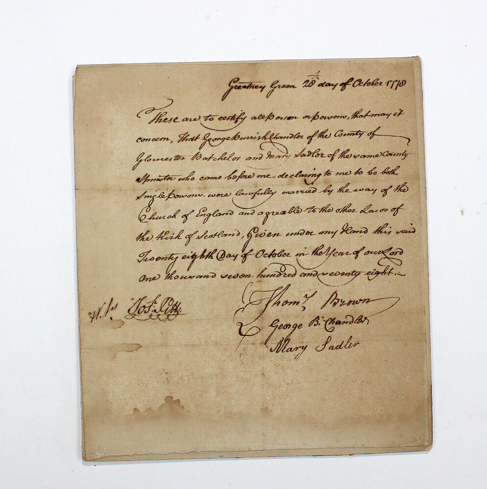 An Original  Very Early Handwritten Gretna Green Marriage License from 1778 between George Chandler and Mary Sadler of Gloucester