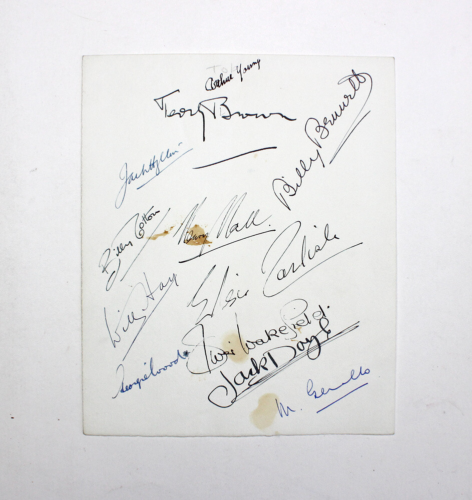 An Original Paper Signed by Various Actors, Comedians, Band Leaders and Musicians. They include Band Leader Billy Cotton, Band Leader Jack Hylton, Band Leader Henry Hall, Comedian Billy Bennett