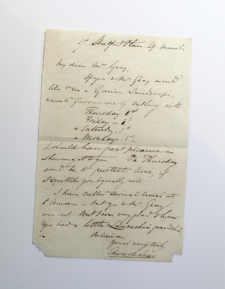 An Original Letter Hand Written and Signed by Artist Edward Lear to John Edward Gray (1800-1875), keeper of the Zoological department, British Museum.