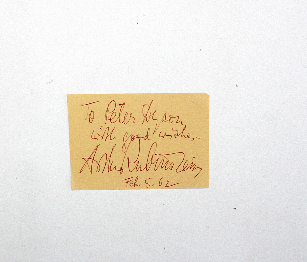 An Original Signed and Inscribed Slip by Polish-American Pianist Arthur Rubinstein to Composer Peter Dyson