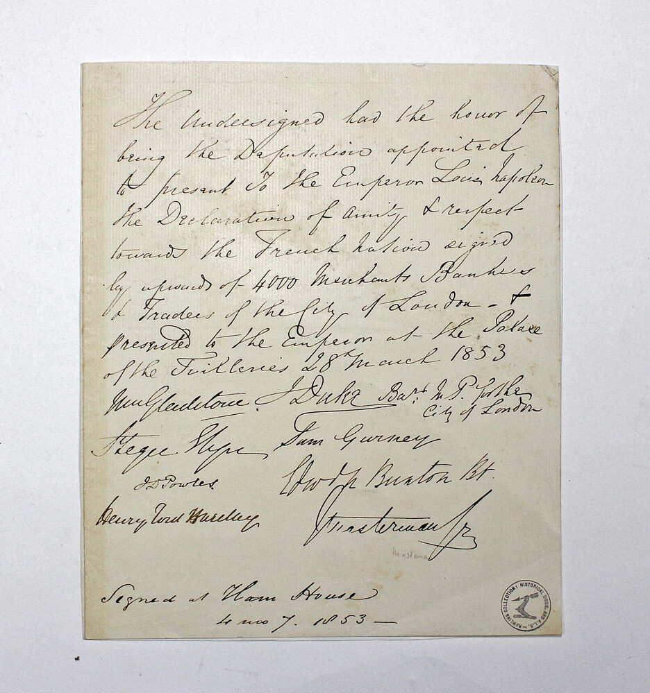An Original Document Signed by Nine including William Gladstone, Sam Gurney, Edward Burton Bt, J D Powles, James Duke Bart etc.. Dated 1853.