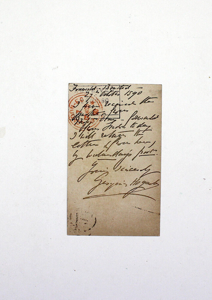 An Original Postcard Hand Written and Signed by Housekeeper, and adviser of English novelist Charles Dickens,Georgina Hogarth