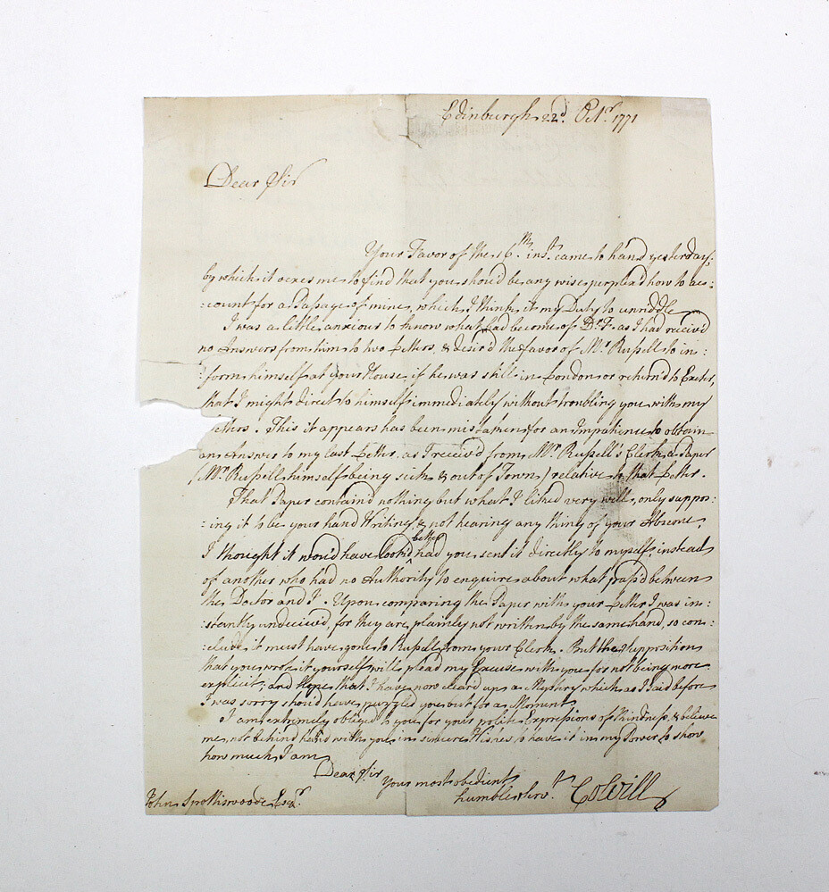 An Original Handwritten and Signed Letter by John Colville, 8th Lord Colville of Culross to John Spottiswood