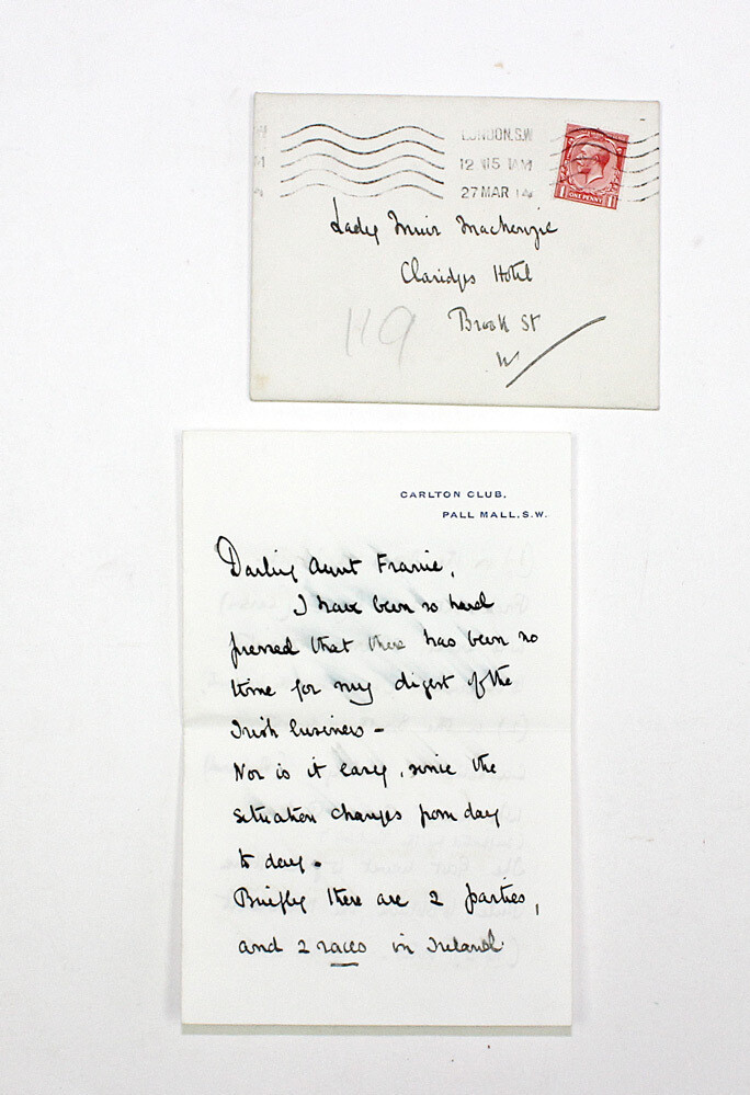 An Original Hand Written and Signed Letter/Envelope by the Former Assistant Irish Secretary and Soldier Gerald Arbuthnot to his Aunt, Lady Francis Muir Mackenzie Discussing the Irish problem