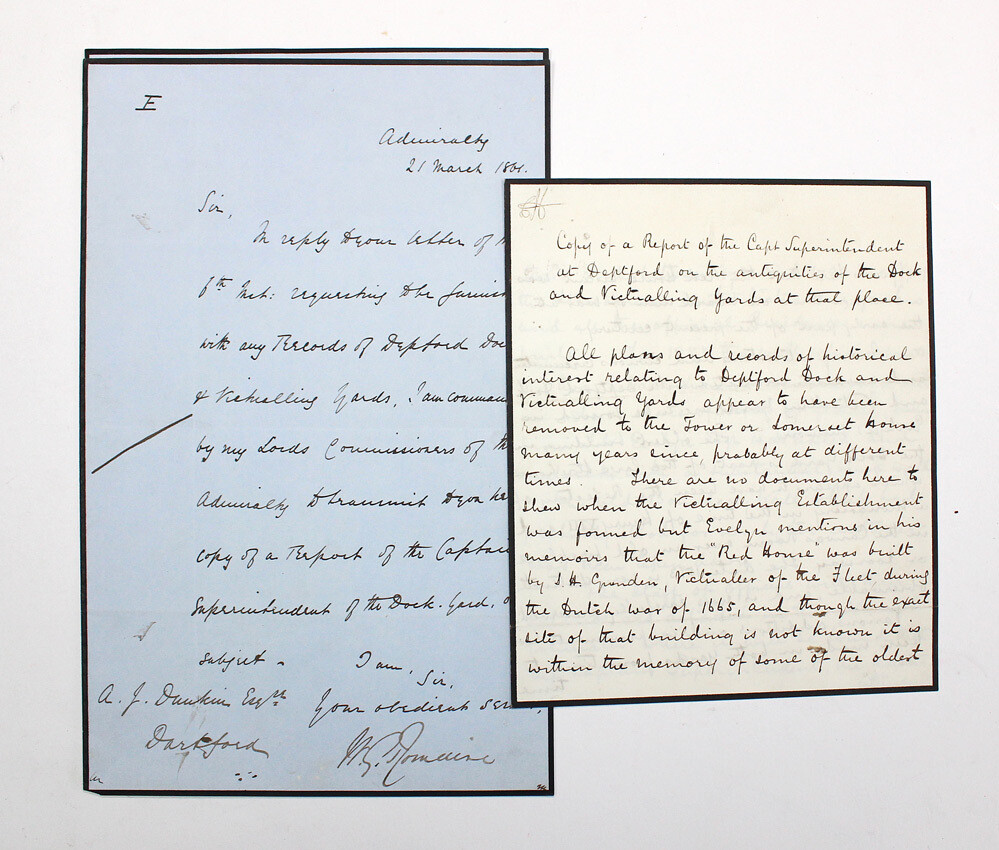 Two Original letters and a Translation from the Admiralty with Regards to Inquiries on the History of HM Victualling Yard and Deptford Dock by Arthur John Deakin. Dated 1861.