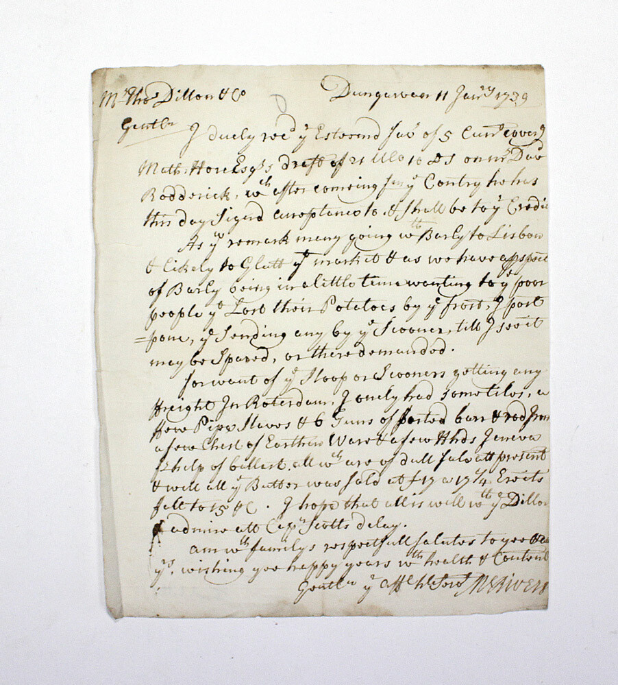 An Original Hand Written and Signed Letter written by Thomas Dillon and Co from Dungarvan, Ireland and dated 1739. Interesting content, talks of barley crops, loss of potato crop to frost, Sloop etc