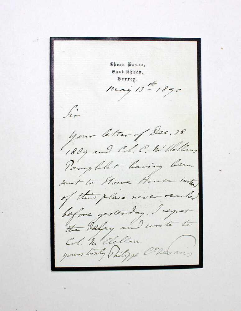 An Original Hand Written and Signed Letter by Writer Prince Philippe of Orléans, Count of Paris.  The letter discusses a pamphlet by George Brinton McClellan who was an American Civil War Officer.