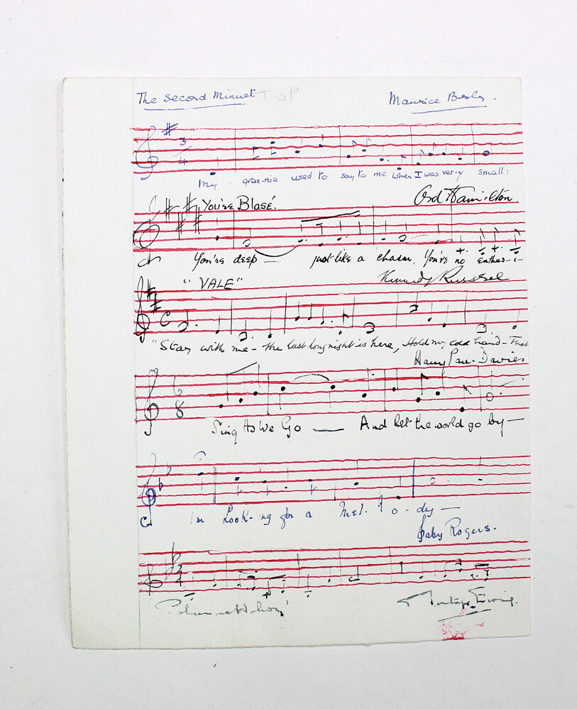 An Original Hand Drawn Music Sheet with a Number of Musical Celebrities Penning Their Musical Notes and Lyrics Edward Maurice Besly, Ord Hamilton, Kennedy Russell, Harry Parr-Davies,  Gaby Rogers
