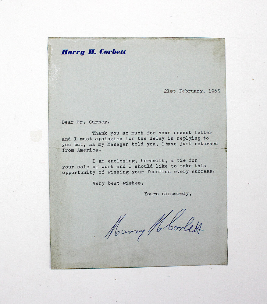 An Original Typed Letter and Signed by Actor Harry H. Corbett.