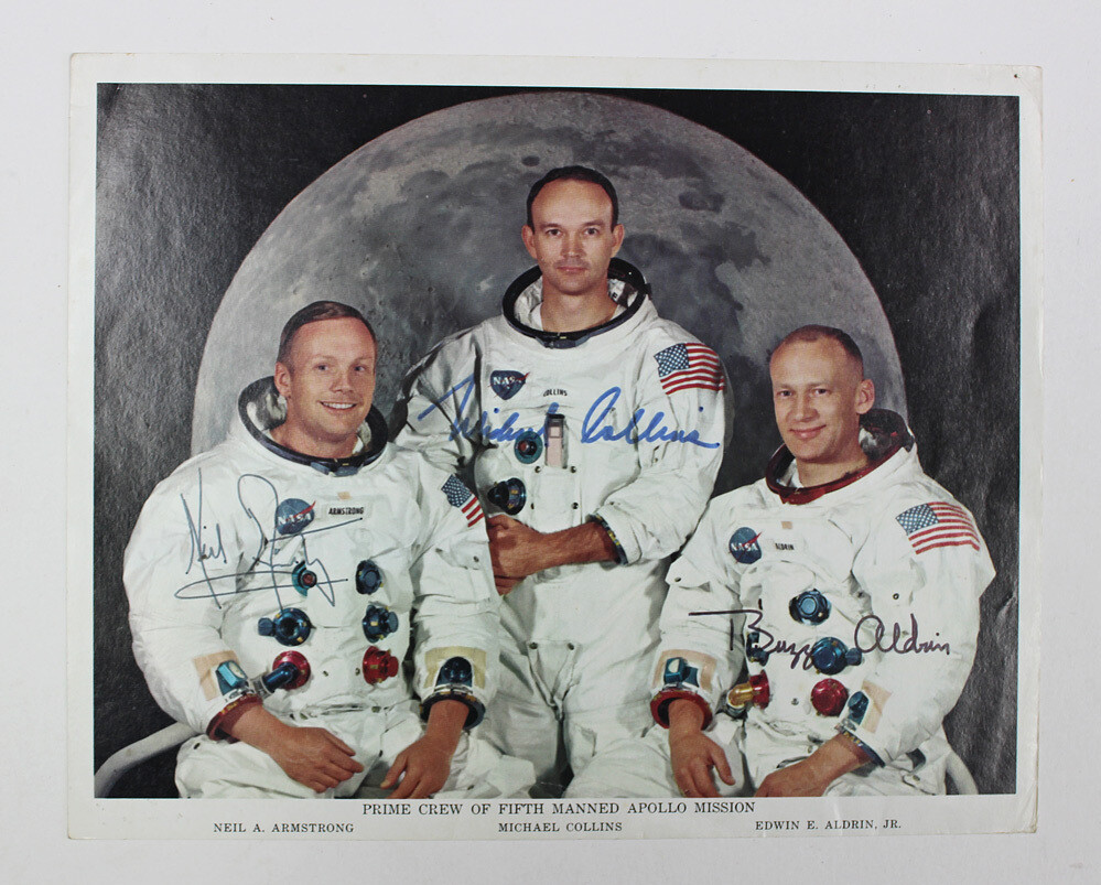 An Original Official NASA Apollo 11 Astronaut Picture with Auto Pen Signatures of Neil Armstrong, Buzz Aldrin and Michael Collins.
