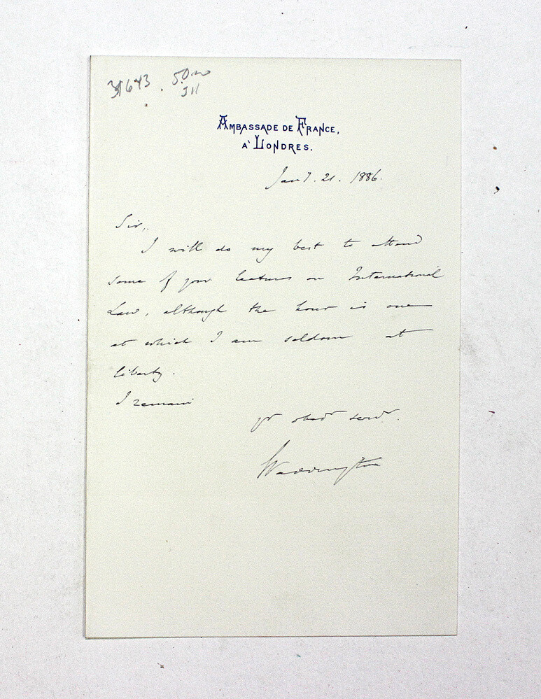 An Original Handwritten Letter Signed by William Henry Waddington to Levi Leone