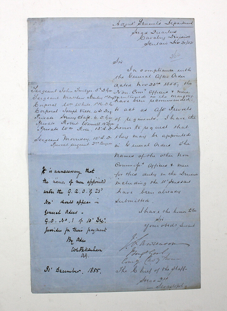 An Original Secretarial Handwritten Letter from the Crimean War and Countersigned by Brigadier General Lawrenson to Chief of Staff. Dated 1855. A letter recommending 8 NCOs to act as Provost
