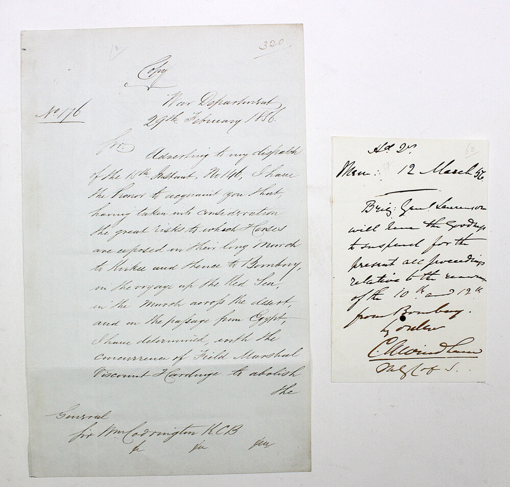 Two Original Handwritten Letters from the Crimean War Discussing the Supply of Horses from Kirhee in India to the front in the Crimea. One is a copy letter from Lord Panmure to the War Department.