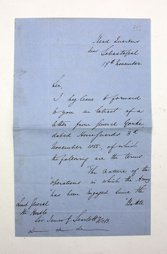 An Original Secretarial Handwritten Letter from the Crimean War and Signed to the Base by C and C General Codrington to Lt. Gen Scarlett.