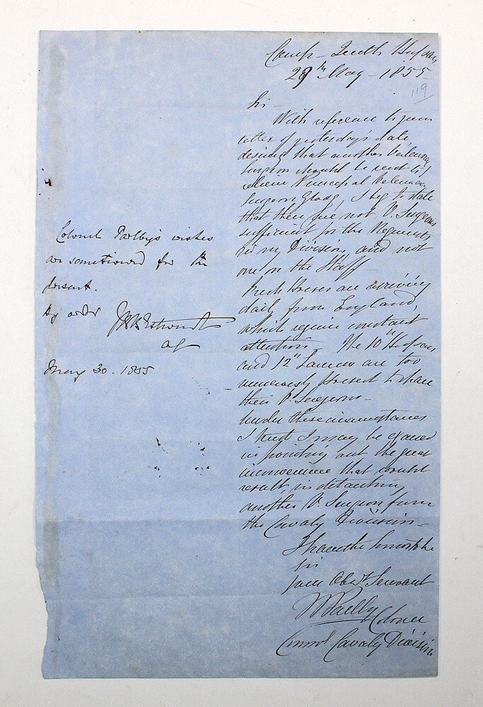 An Original Handwritten Letter from the Crimean War in the hand and signed by Colonel Parlby and signed endorsed and sanctioned by General Estcourt.