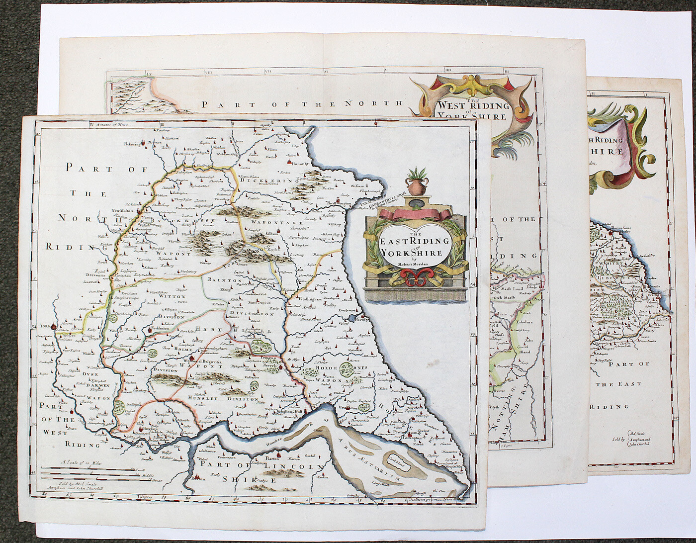 Three Original Hand Coloured Maps of Yorkshire by Robert Morden.C1695