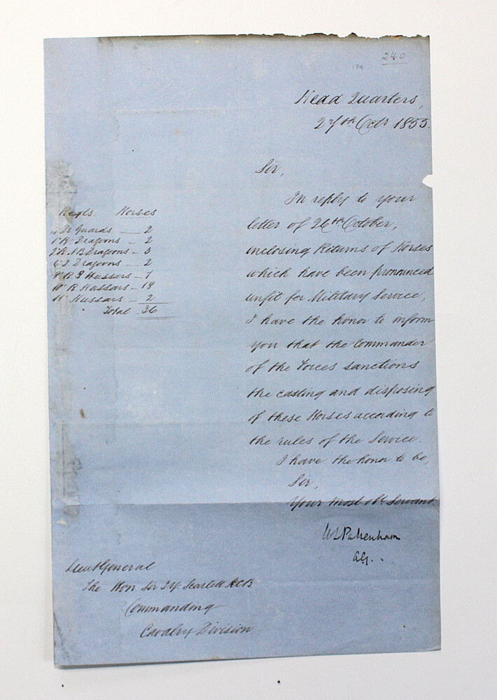 An Original Handwritten Secretarial Letter from the Crimean War and Counter Signed in the hand of Irish Colonel  Thomas Henry Pakenham to Lieutenant General Scarlett.