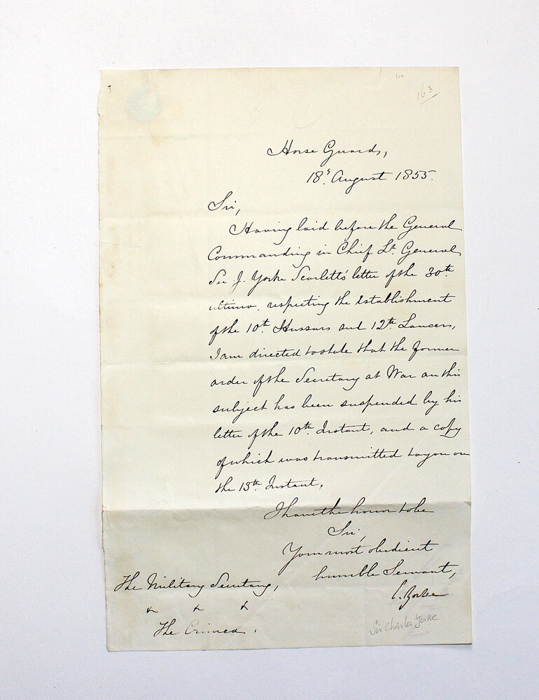 An Original Handwritten Letter from the Crimean War in the hand and signed by Sir Charles Yorke to the Military Secretary