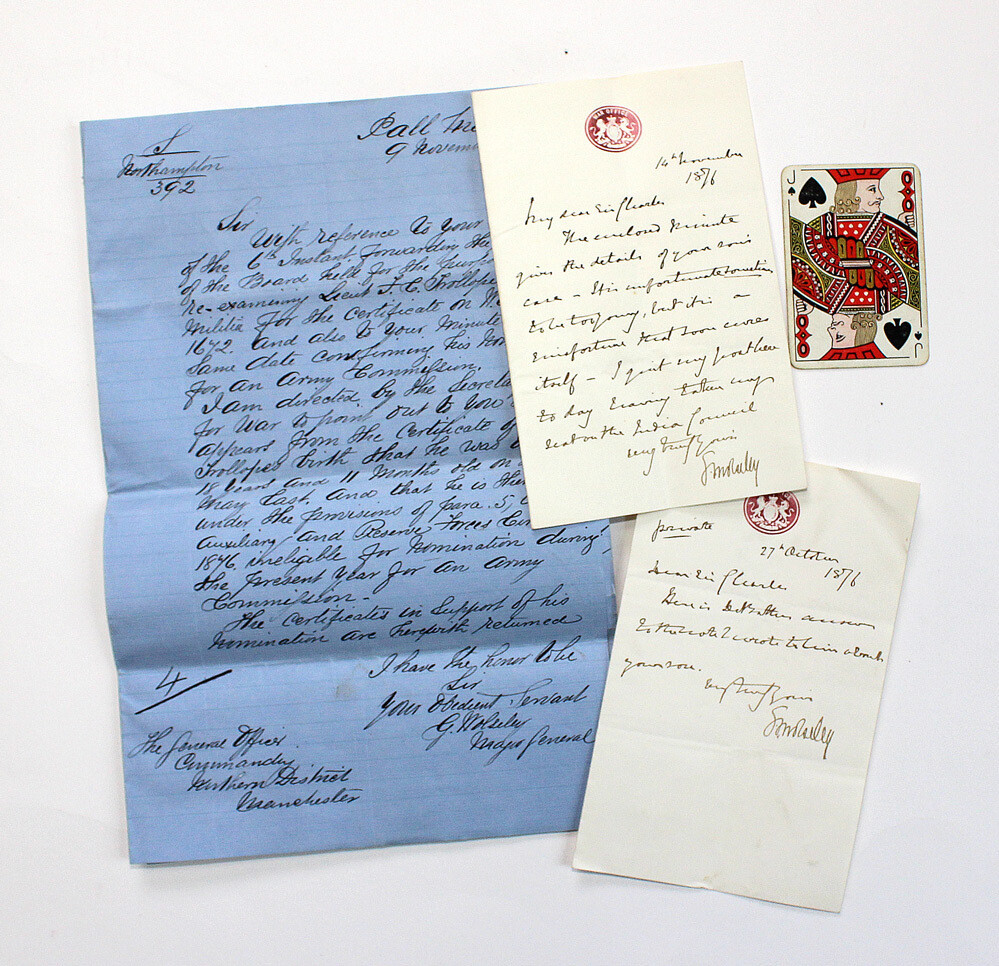 A Small Collection of Documents in Relation to the Military Commission for future Lt Col Francis Charles Trollope. Including two hand written letters from Irish Field Marshal Garnet Joseph Wolseley.