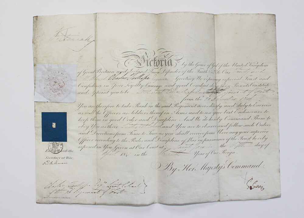 An Original Vellum Military Commission for the Promotion to Lieutenant Colonel in the army for Sir Charles Trollope. Dated 1848 and signed by Queen Victoria and The Secretary of War Henry Grey,