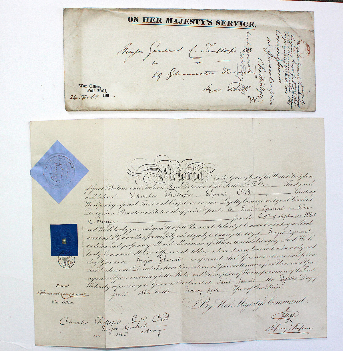 An Original Military Commission for the Promotion to Major General for Our Army for Sir Charles Trollope. Dated 1861 and signed by Commander of the Army, Prince George, Duke of Cambridge