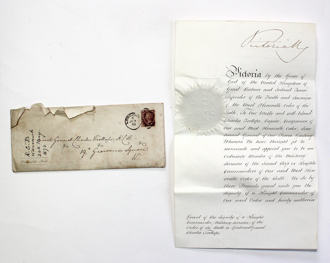 A Very Rare Original Order of the Bath and Envelope of the Military Division of the Second Class or Knights Commander to Sir Charles Trollope. Dated 1873 and signed by Queen Victoria.