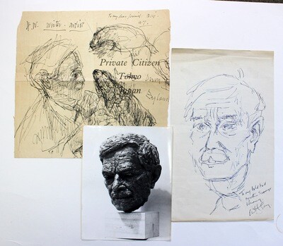 Two Original Hand Drawn Preliminary Sketches and a Photograph for The Sculpture of Henry Williamson by Anthony Gray
