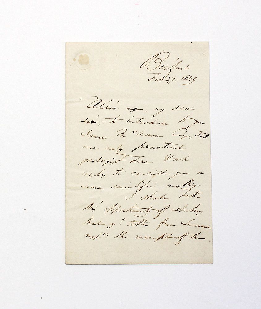 A Rare Original Handwritten Letter and Signed by Irish Naturalist William Thompson Introducing Irish Geologist James McAdam.