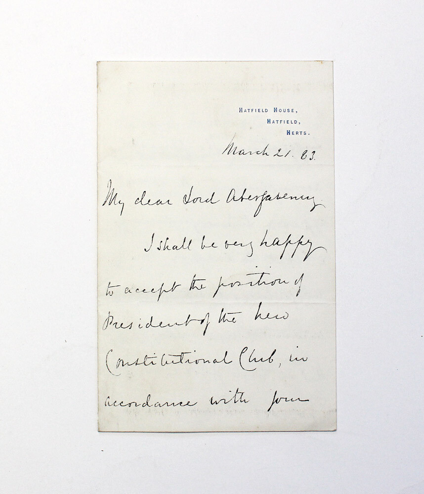 An Original Handwritten Letter and Signed by Future Prime Minister 3rd Marquess of Salisbury to Marquess of Abergavenny