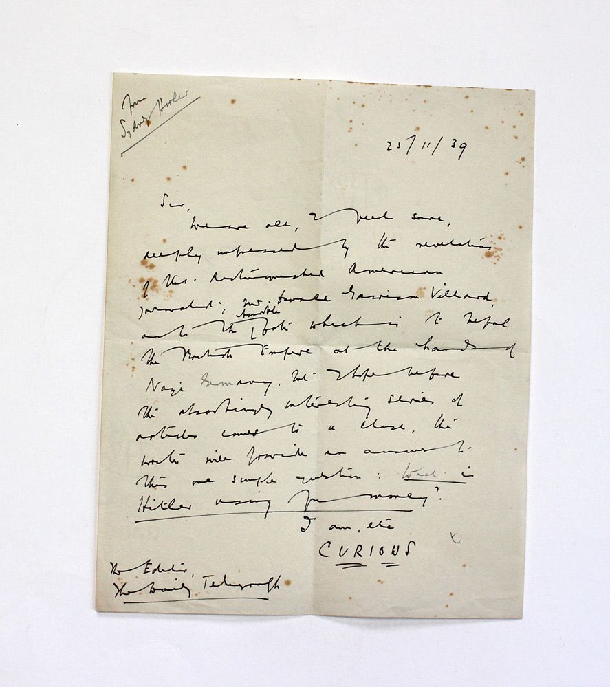 An Original Handwritten and Signed Letter by Writer Sydney Horler to the Editor of the Daily Telegraph referring to Articles on Nazi Germany by the American journalist Oswald Garrison Villard