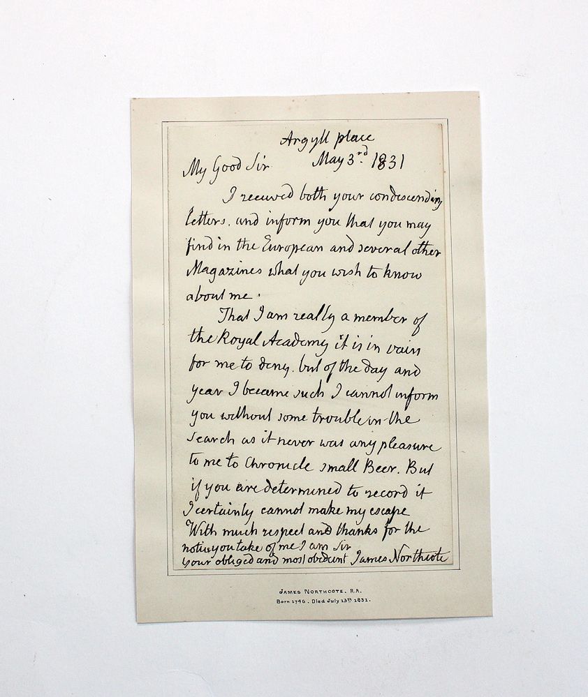 An Original Handwritten and Signed Letter by Artist James Northcote