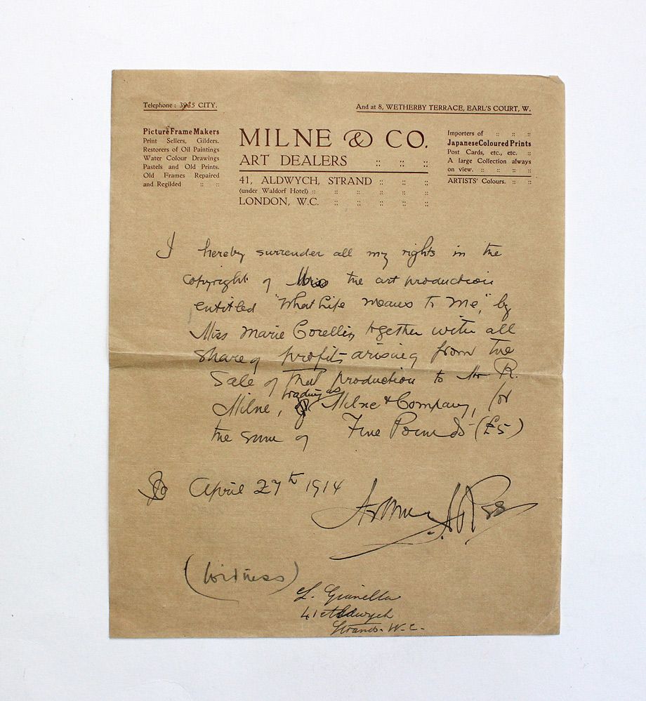 An Original Handwritten and Signed Letter by Mystery Writer and Artist Arthur John Rees in Relation to a Marie Corelli production.