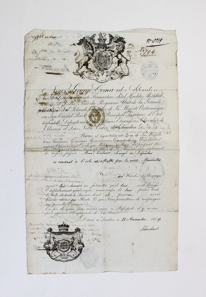An Original Handwritten and Signed Passport by Future Prime Minster George Hamilton-Gordon, 4th Earl of Aberdeen. Dated 1829 when Earl Aberdeen was Foreign Secretary under the Duke of Wellington.