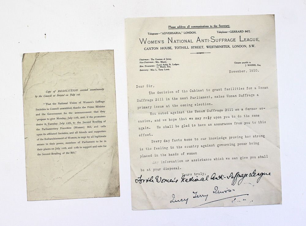 Two Original Suffrage Ephemera from 1910. Includes - mimeographed form letter signed from the Women&#39;s National Anti-Suffrage League, November 1910, hoping for the support of the unnamed recipient.