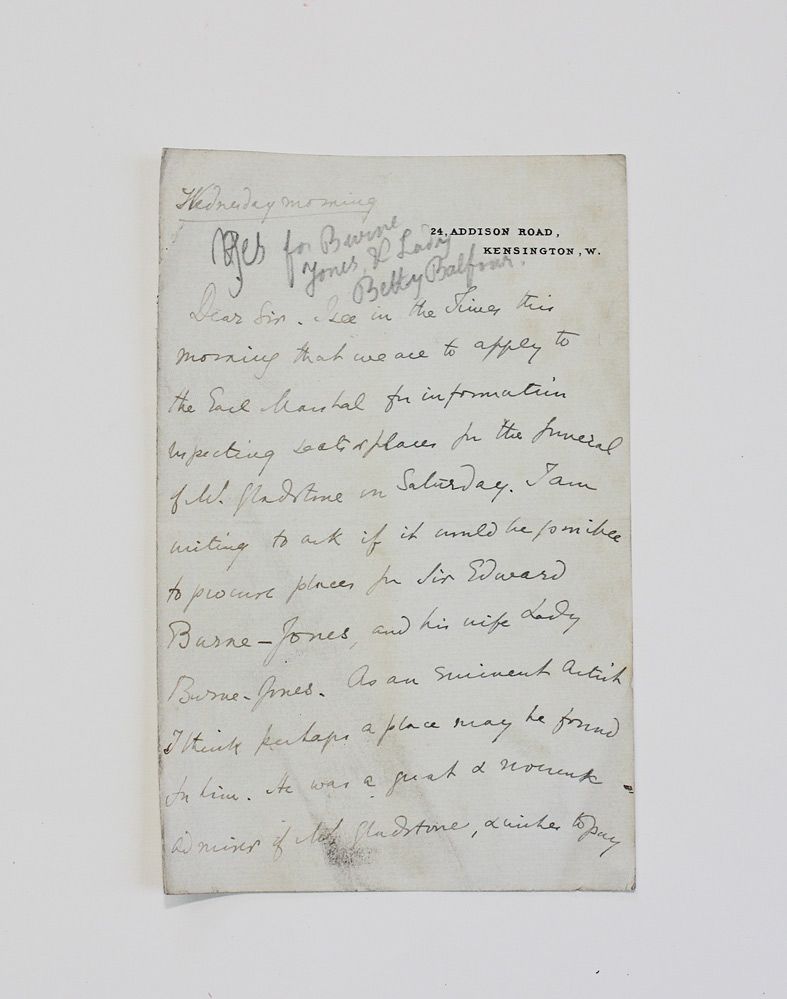 An Original Handwritten and Signed Letter by Suffragette Writer and Wife of the Secretary of Ireland Elizabeth Balfour Regarding Tickets for Gladstones Funeral on the Behalf of Sir Edward Burnes-Jones